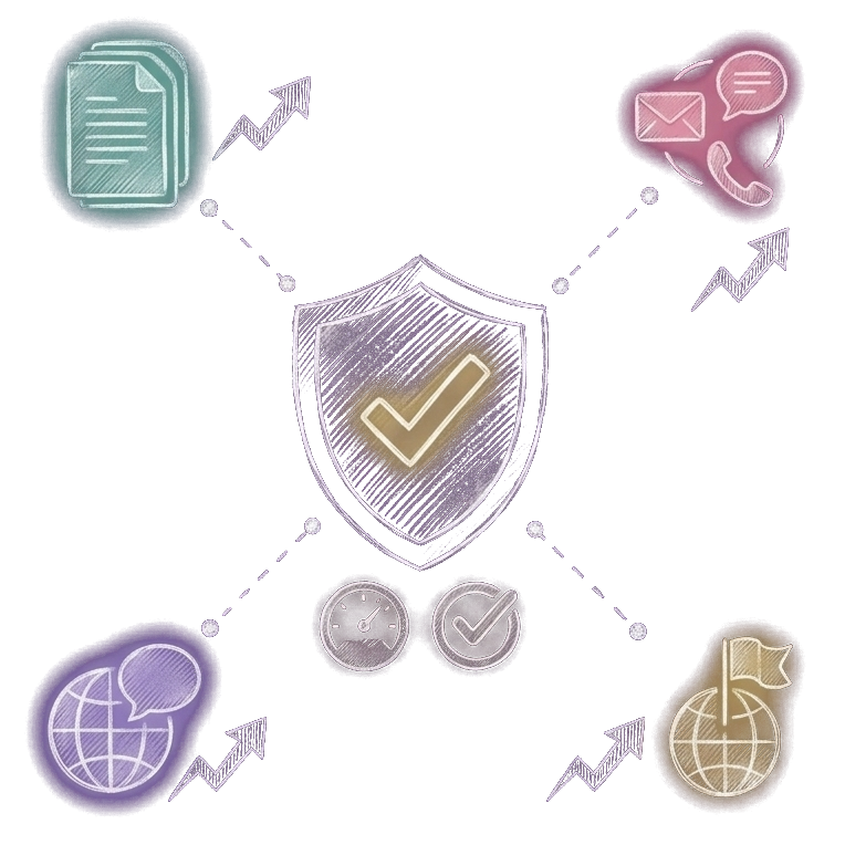 Compliance: a shield connected to documents, messaging, and jurisdictions, with speed and accuracy checks
