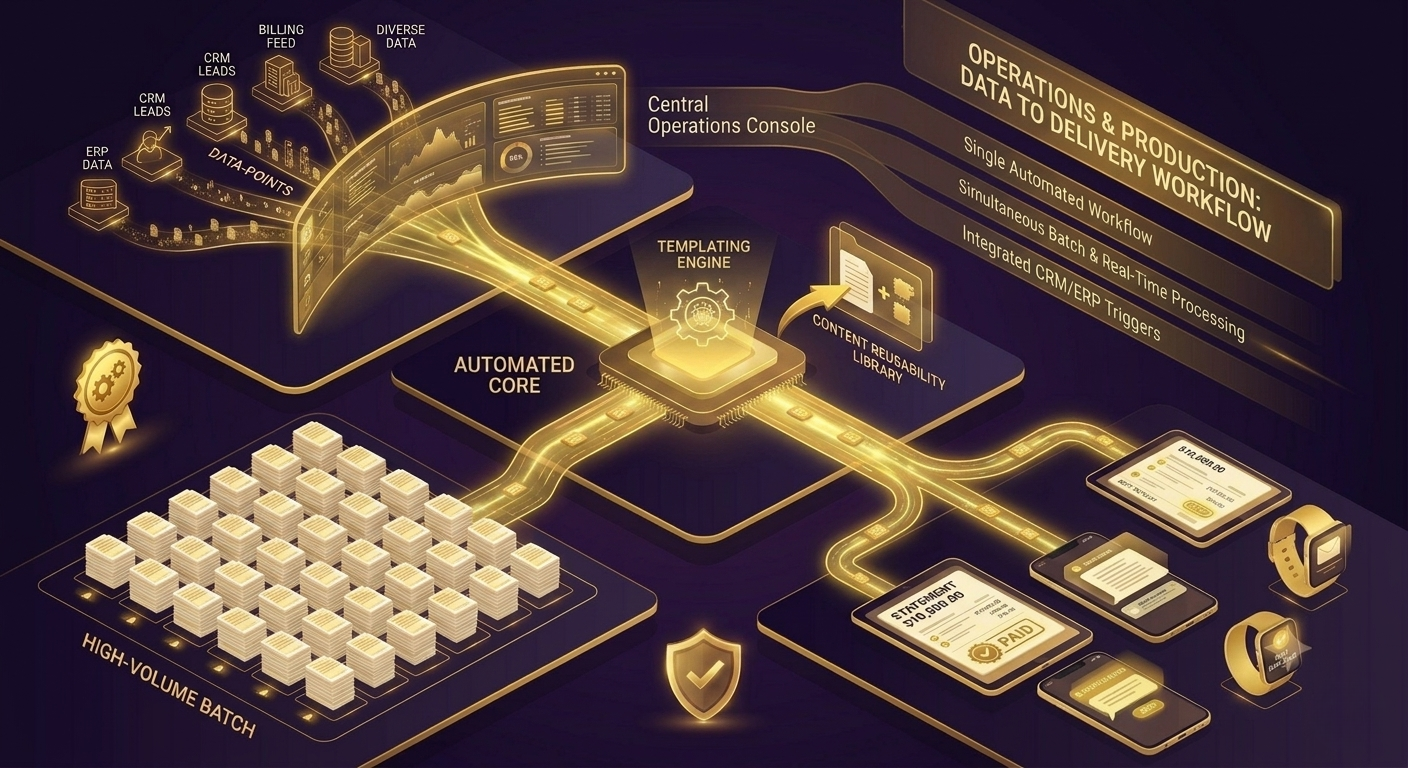 Automated print production workflow connecting CRM, ERP, billing, and template systems to deliver documents at high volume and speed