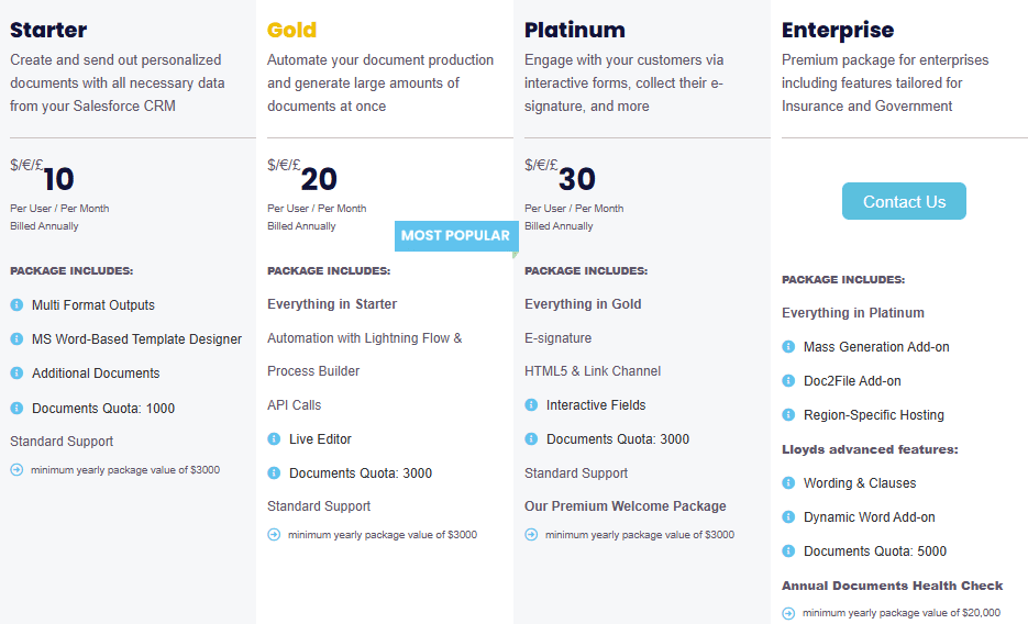 pricing table with gold