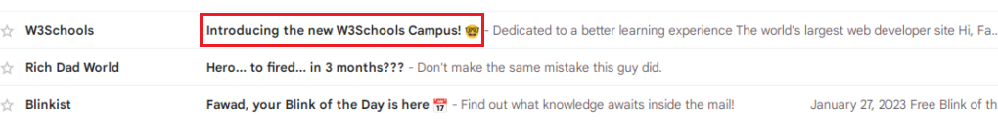 Subject Line email of w3school